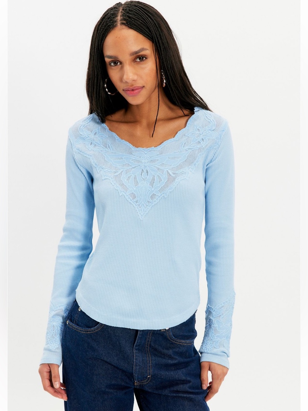 Free People Butterfly Cuff Long Sleeve Top | Cashmere Blue | Small | NWT